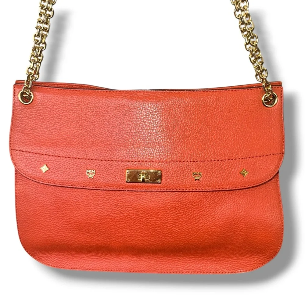 MCM Orange TWO WAY Crossbody Shoulder Pebbled Leather Bag Goldstone Korean MC265